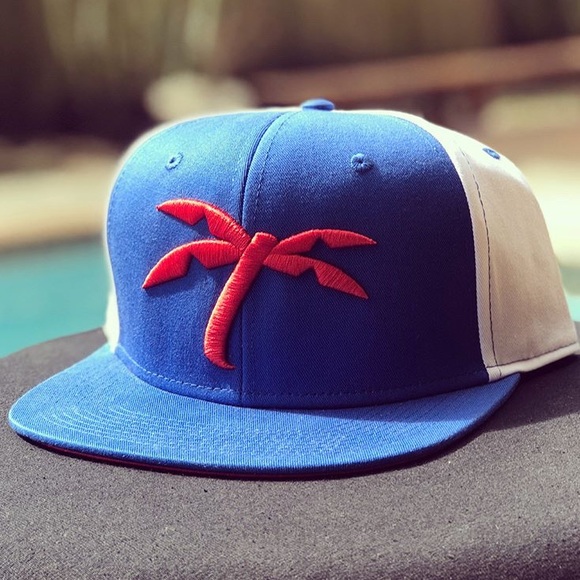 TRAPICAL Embroidered Red Palm on Blue Snapback Hat - Picture 1 of 5
